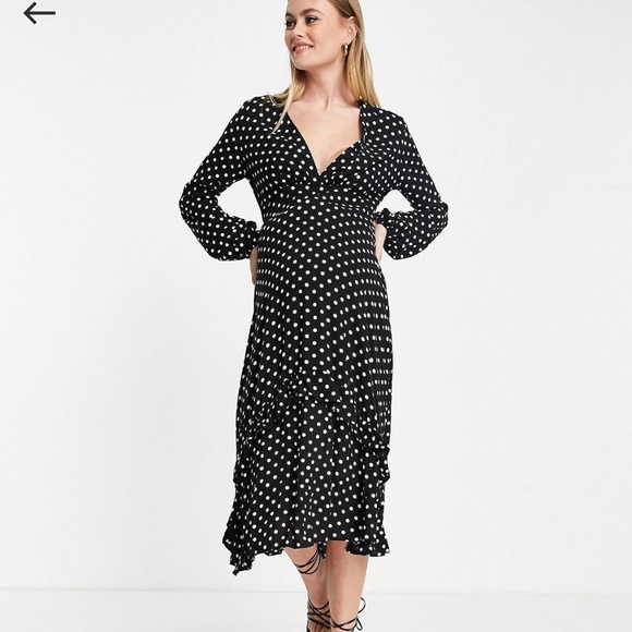 NWT! Queen Bee Maternity wrap midi dress black polka 12 long sleeves - Picture 5 of 11